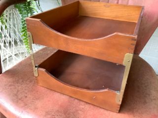 Vintage Large Wood Desk Double Tray Organizer Office In Out Box File Paper 2