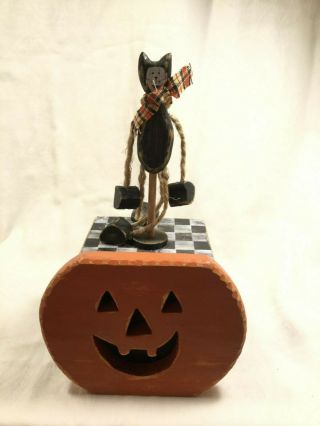 Halloween Toy - Vtg Kinetic Wooden Cat Doll On A Stick W Pumpkin - Turn Handle