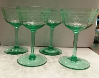Vintage Green Depression Etched Wine Glasses Set Of 4