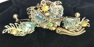 Vintage Demi Pendant & Earring Set Blue Green Yellow Rhinestones Sparkle Silver