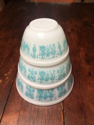 Set Of 3 Vintage Pyrex Amish/butterprint Mixing Bowls Aqua/white 401/402/403