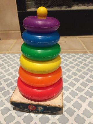 Vintage Fisher Price Rock - A - Stack 627 Wood Base 6 Plastic Rings