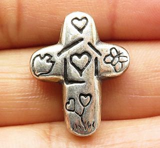 925 Sterling Silver - Vintage Love Heart Engraved Religious Cross Pendant - P5558