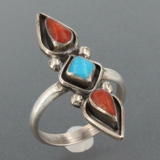 Vintage Southwestern Sterling Silver Turquoise & Coral Ring Size 5.  5