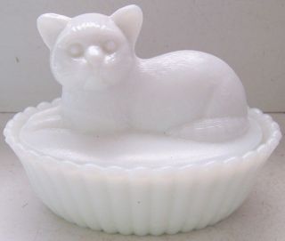 Vintage Westmoreland White Milk Glass Kitty Cat In Basket Covered Candy Nut Dish