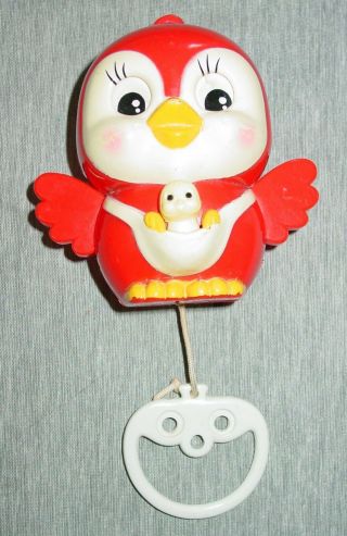 Vintage Musical Lullaby Bird Pull String Toy Wings Eyes Move Red