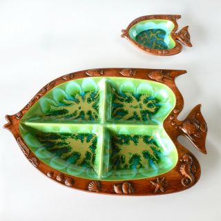 Vtg Mcm Treasure Craft Ceramic Fish Shaped Serving Snack Dish Tiki Bar Set Green