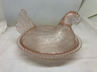 Vintage Indiana Pastel Pink Glass Chicken Hen On Nest Covered Dish