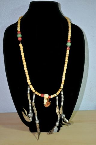 Vintage Nagaland,  Hand Strung Tan Bead Necklace 30 In With Leather Accents