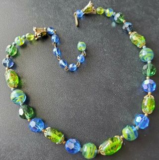 Vintage Green Murano Venetian Blue Art Glass Ab Crystal Bead Necklace W199