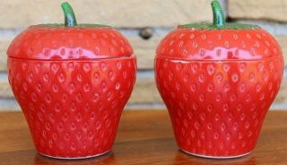 Vintage Painted Milk Glass Strawberry Trinket Box With Lid Set Of 2