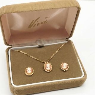 Vintage 9ct Rolled Gold Cameo Ladies Costume Necklace And Earring Set Boxed Viva