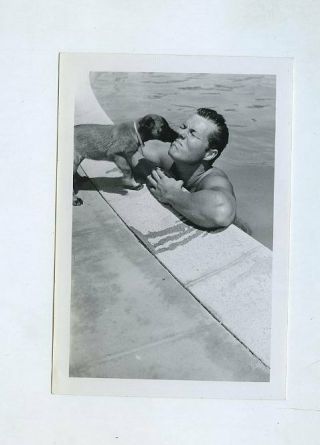 T675a Vintage 1950s Western Movie Actor Photo John Smith Poolside With A Puppy