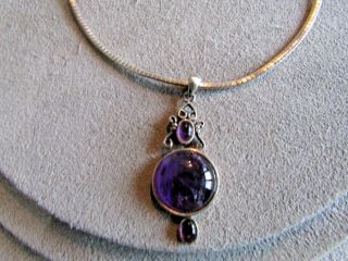 Vintage Sterling Silver Amethyst Pendant Omega Chain Necklace 16 "