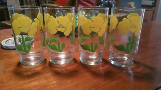 Vintage Anchor Hocking Yellow Poppy Drinking Glasses Set Of 4 (60 