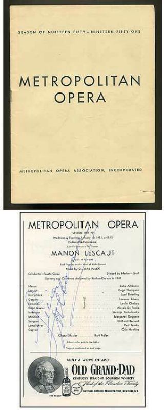 Licia Albanese / Manon Lescaut January 10 1951 Metropolitan Opera Program Signed