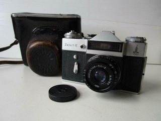 Vintage Zenit E 35mm Camera With Industar 50mm F3.  5 Lens And Case