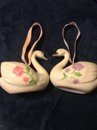 Vintage Swan Bird Porcelain Figure Flower Violets/ Roses Potpourri Holder