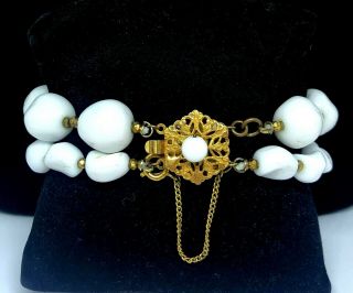 Vintage Signed Miriam Haskell Gold Tone White Glass Beaddouble Strand Bracelet