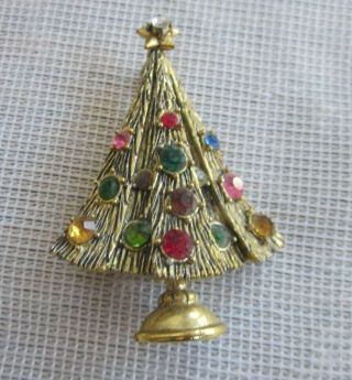 Vtg Hollycraft Christmas Tree Pin Brooch Multi - Colored Glass Stones Gold Tone