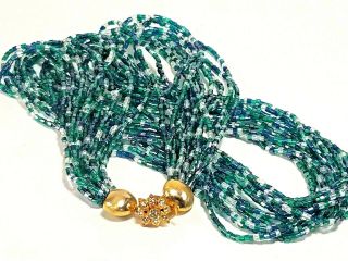 Vintage Multi Strand Glass Seed Bead Necklace Flower Rhinestone Clasp Aqua Blue