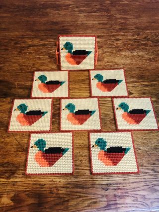 Vtg Mallard Duck Needlepoint 8 Coaster Set W/ Upright Holder Box Handmade
