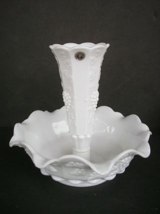 Vtg.  Westmorland Milk Glass Paneled Grape Epergne Vase 8 3/4 "