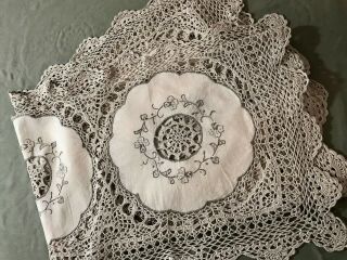 Early Vintage Gorgeous Crochet Lace & Embroidery Off - White Tea Tablecloth 34 " Sq