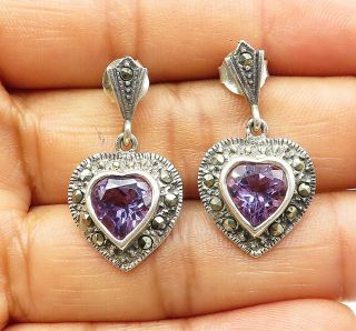 925 Silver - Vintage Amethyst & Marcasite Love Heart Dangle Earrings - E5422