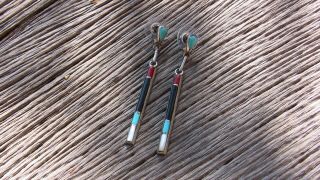 Vintage Signed Sterling Silver Zuni Turquoise Dangle Earring Old Pawn