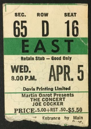 1972 Joe Cocker Concert Ticket Maple Leaf Gardens Toronto Vintage