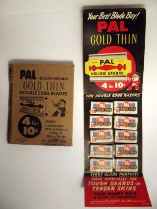 Vintage Nos Pal Gold Thin Razor Blades Full Counter Card W/original Ship Sleeve