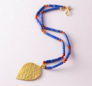 Vintage W&t Bmp Gold Leaf Blue And Orange Beaded Bohemian Boho Necklace