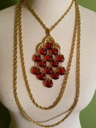 Vtg Crown Trifari Amber/brown Lucite Gold Tone Waterfall Chain Necklace Wow