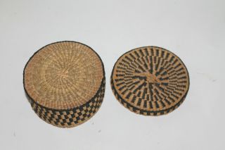 vintage sweet grass basket tightly woven black tan pattern basket / contain 2