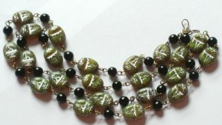 Czech Long Green Scarab Beetle Glass Bead Necklace Vintage Deco Style