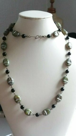 Czech Long Green Scarab Beetle Glass Bead Necklace Vintage Deco Style 4