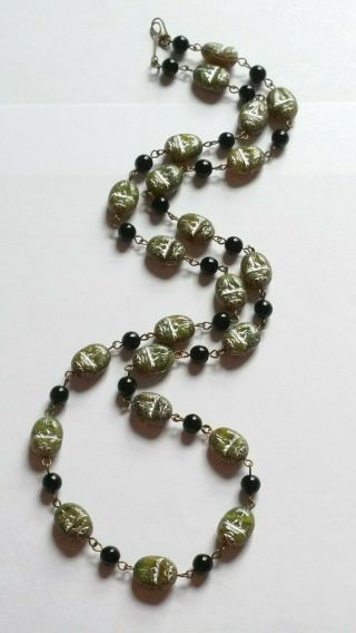 Czech Long Green Scarab Beetle Glass Bead Necklace Vintage Deco Style 5