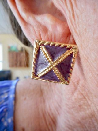Authentic Vintage Gold Tone Purple Enamel X Pierced Earrings