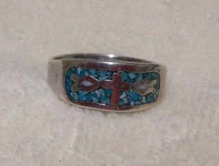 Vintage G&s Stainless Or Silver Plated Fish & Cross Turquoise Ring Size 13 1/2