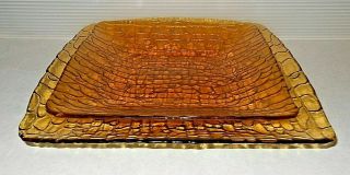 Vintage Inspired Square Amber Gold Glass Serving Plate Set Bark Scales