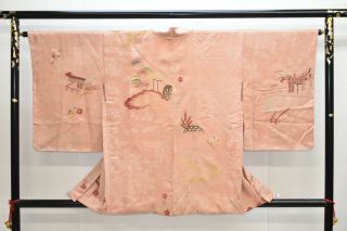 Vintage Silk Kimono Jacket:classic Pink Beige Samurai Garden@ym28
