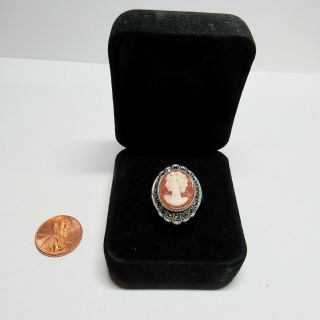 Vtg Sterling Silver Qvc Marcasite Stone Carved Shell Cameo Ladies Ring Size 7.  5
