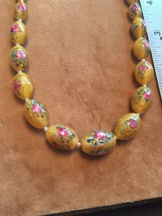 Old Vintage Venetian Murano Long Yellow Glass Necklace Rose Inside Each Bead