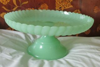 Vintage Jadeite Spiral Scalloped Pedestal Cake Plate Dish
