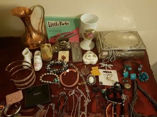 Joblot Vintage Curio,  Jewellery,  Silver Plated Box,  Copper Abd And Others.