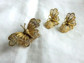 Vintage Sterling Silver Vermeil Filigree Butterfly Pin Brooch & Earrings Set