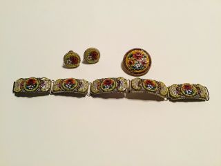 Vtg Multi Colored Floral Micro Mosaic Link Bracelet Earrings Brooch Italy
