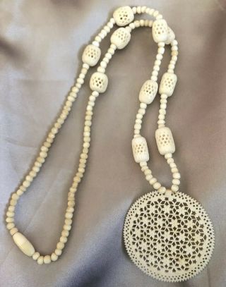 Delicate Vintage Bone Bead Necklace With Circle Pendant