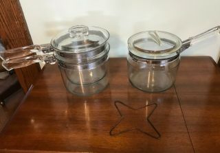 Vintage Clear Glass Pyrex 1 1/2 Qt Double Boiler,  2 Qt Sauce Pan With Lid